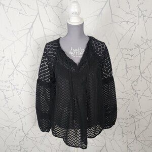 Nine West Black Sheer Jacquard Puff Sleeve Peasant Top